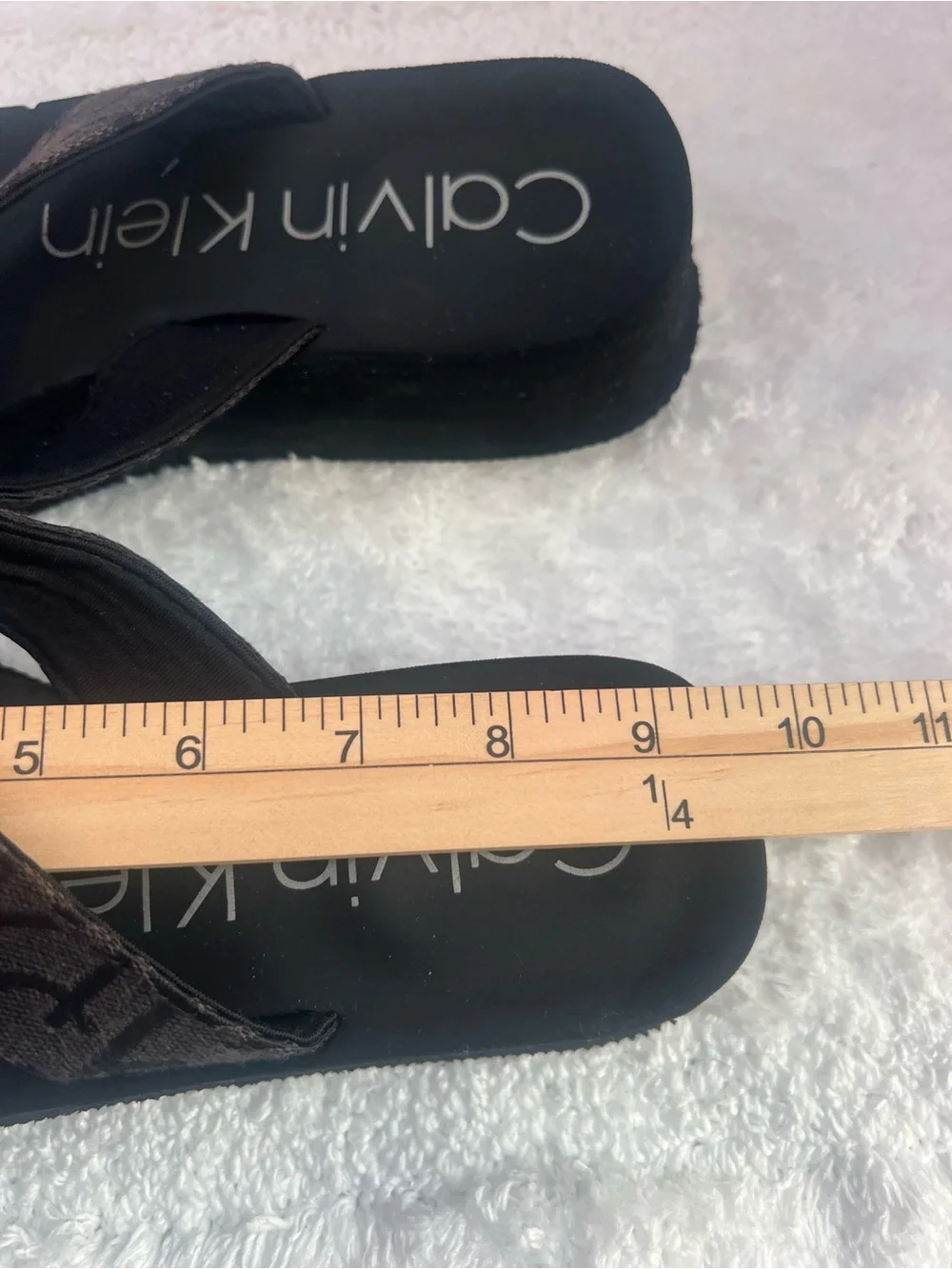 Calvin Klein Black Footbed Flip Flops with Brown Patterned Straps - Picture 6 of 6